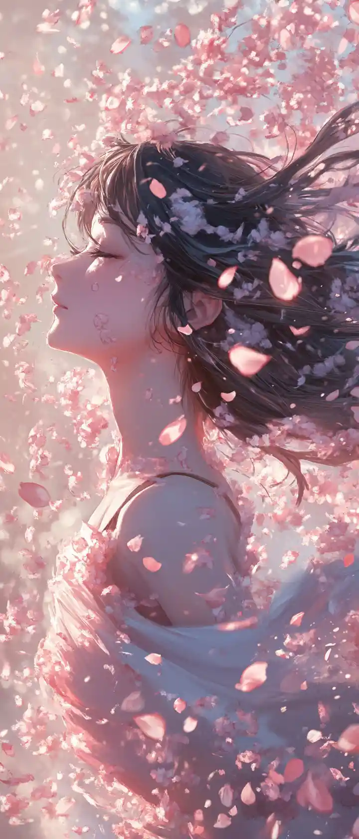 Anime girl with swirling pink petals on beige background