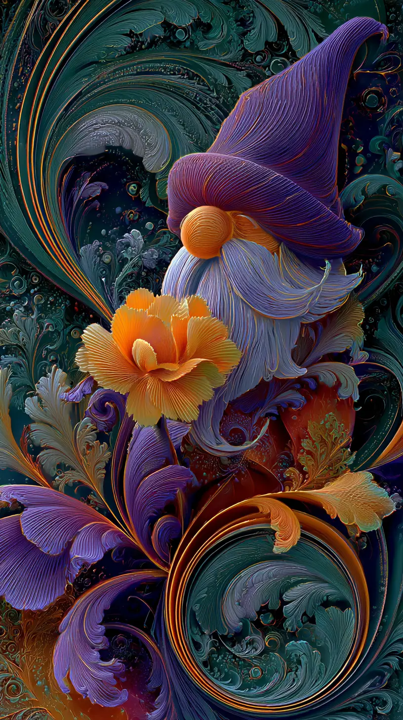 Glowing Fantasy Gnome With Yellow Flower On Ornate Green Background
