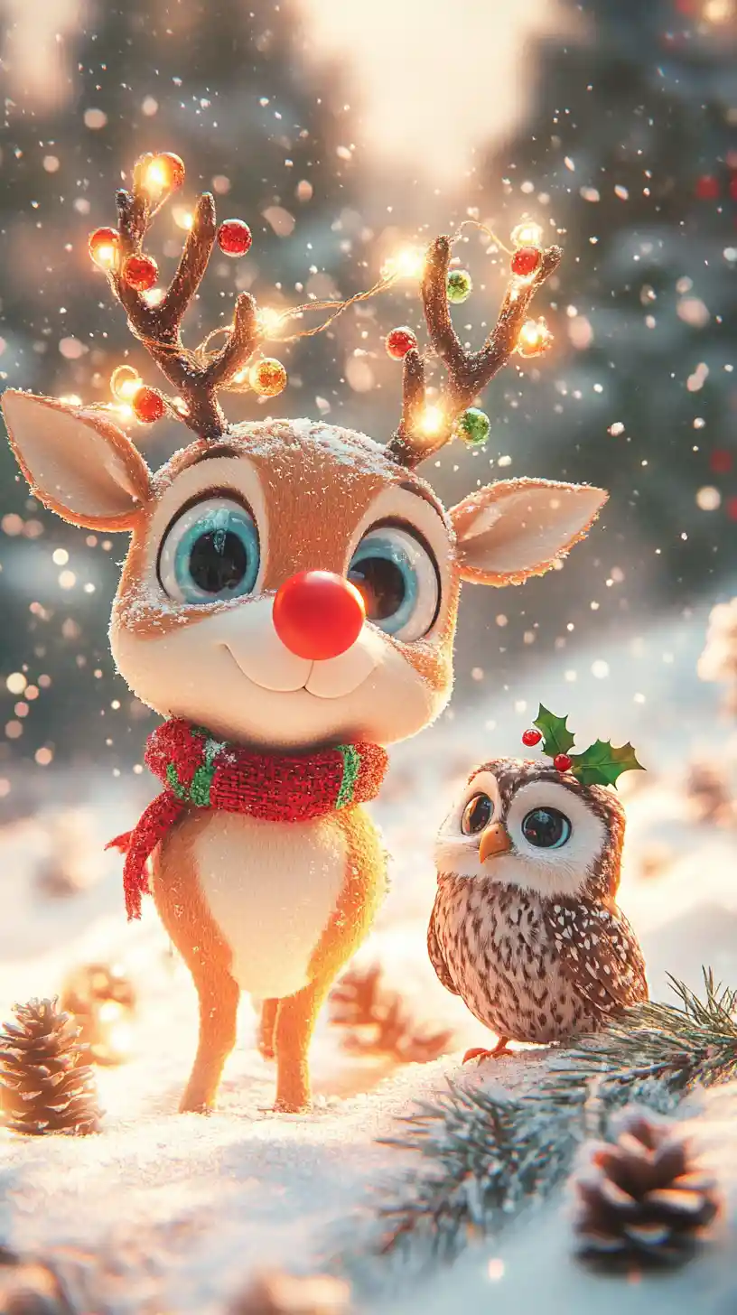 Cute Christmas Reindeer And Owl In Snowy Forest
