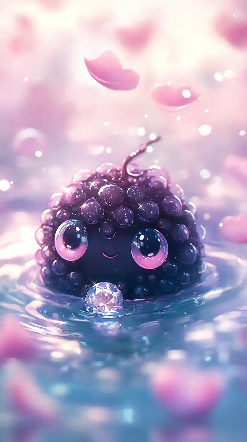 Cute blackberry holding a diamond in shimmering water
