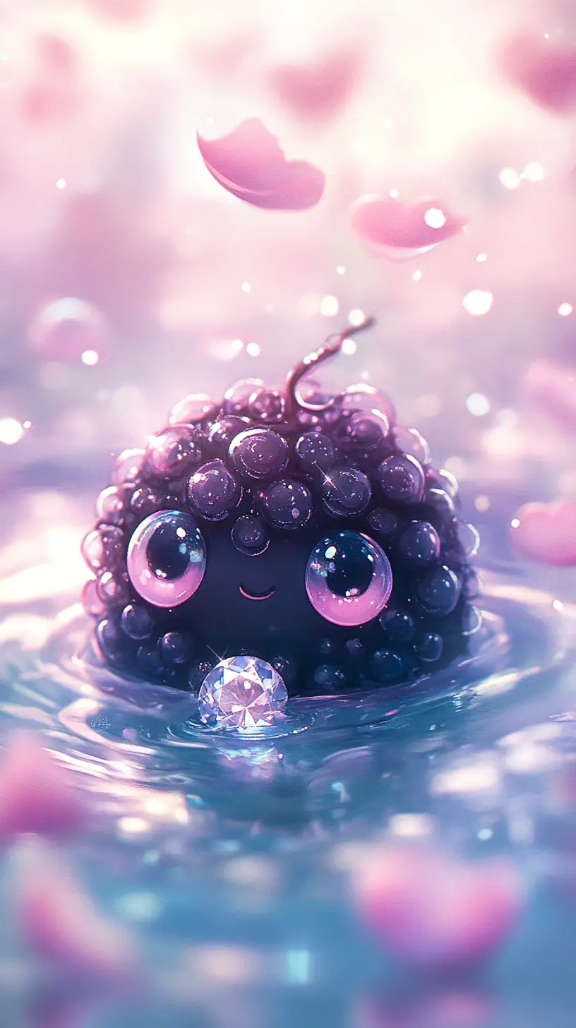 Cute blackberry holding a diamond in shimmering water