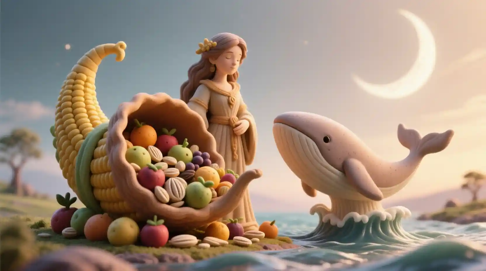 Clay cornucopia and whale in magical macro scene