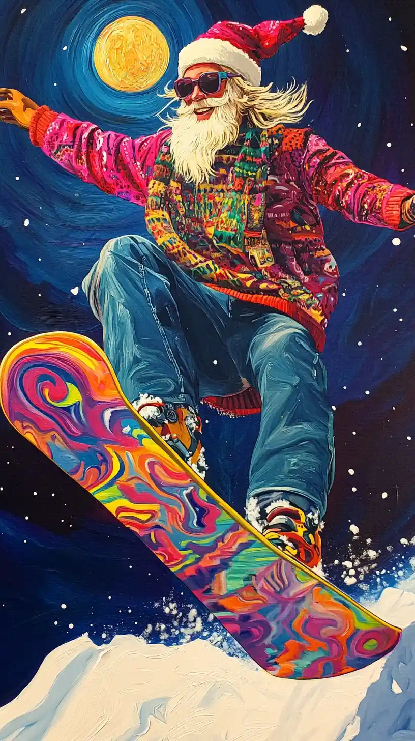 Young santa jumping on neon snowboard in snow