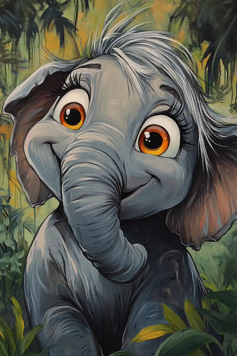 Cute cartoon elephant in a magical neon forest scene