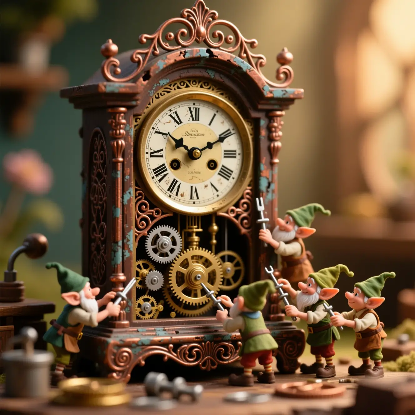Whimsical elves repairing an antique grandfather clock