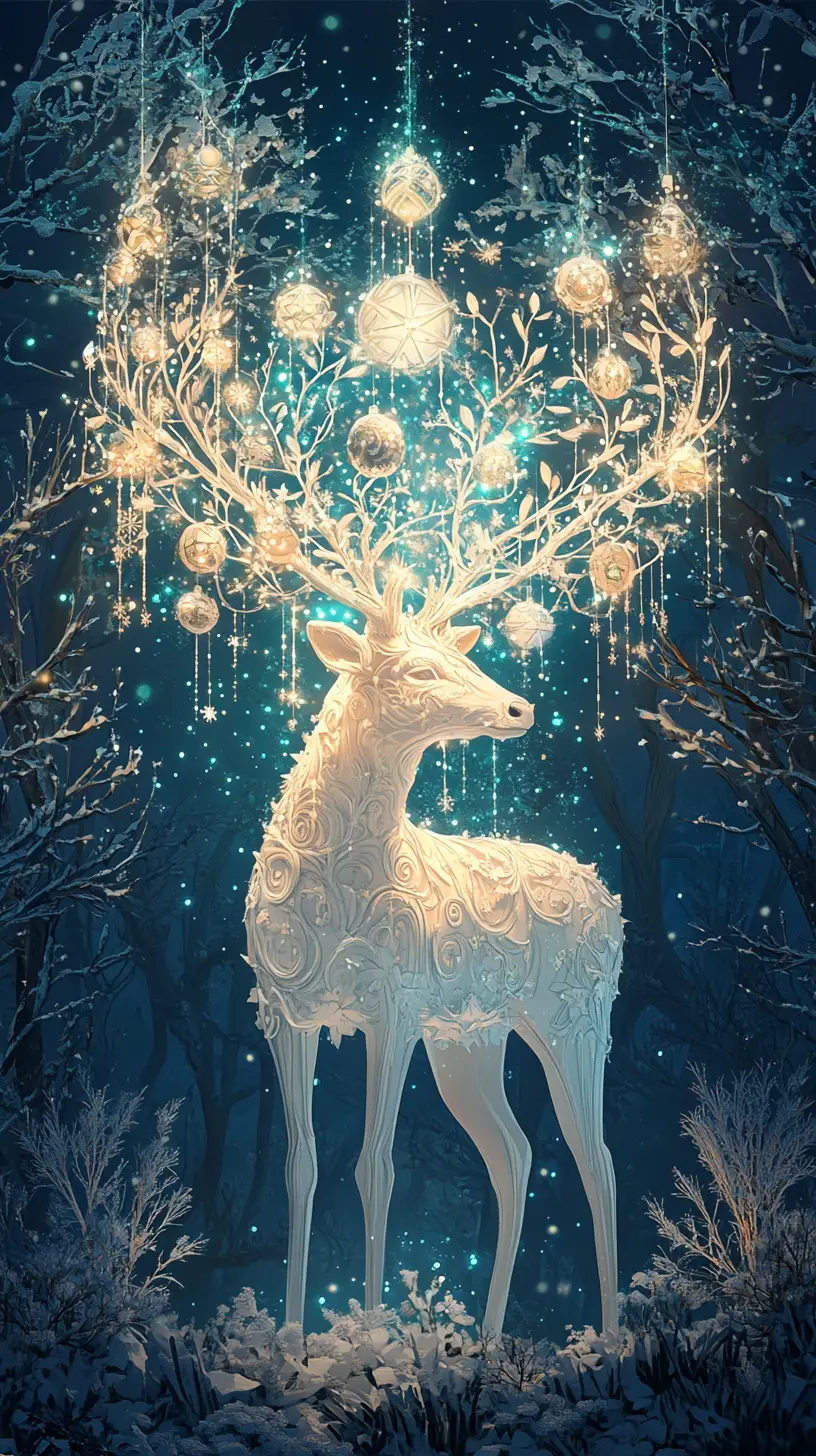 Porcelain spirit deer in a glowing paper craft winter forest