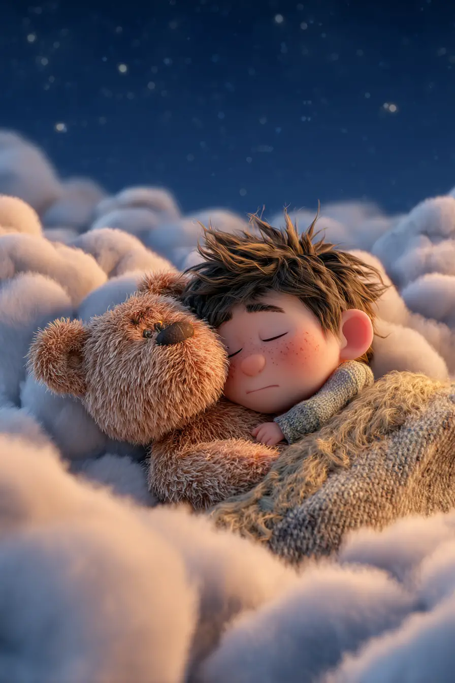 Sleepy child and teddy bear resting on dreamy clouds