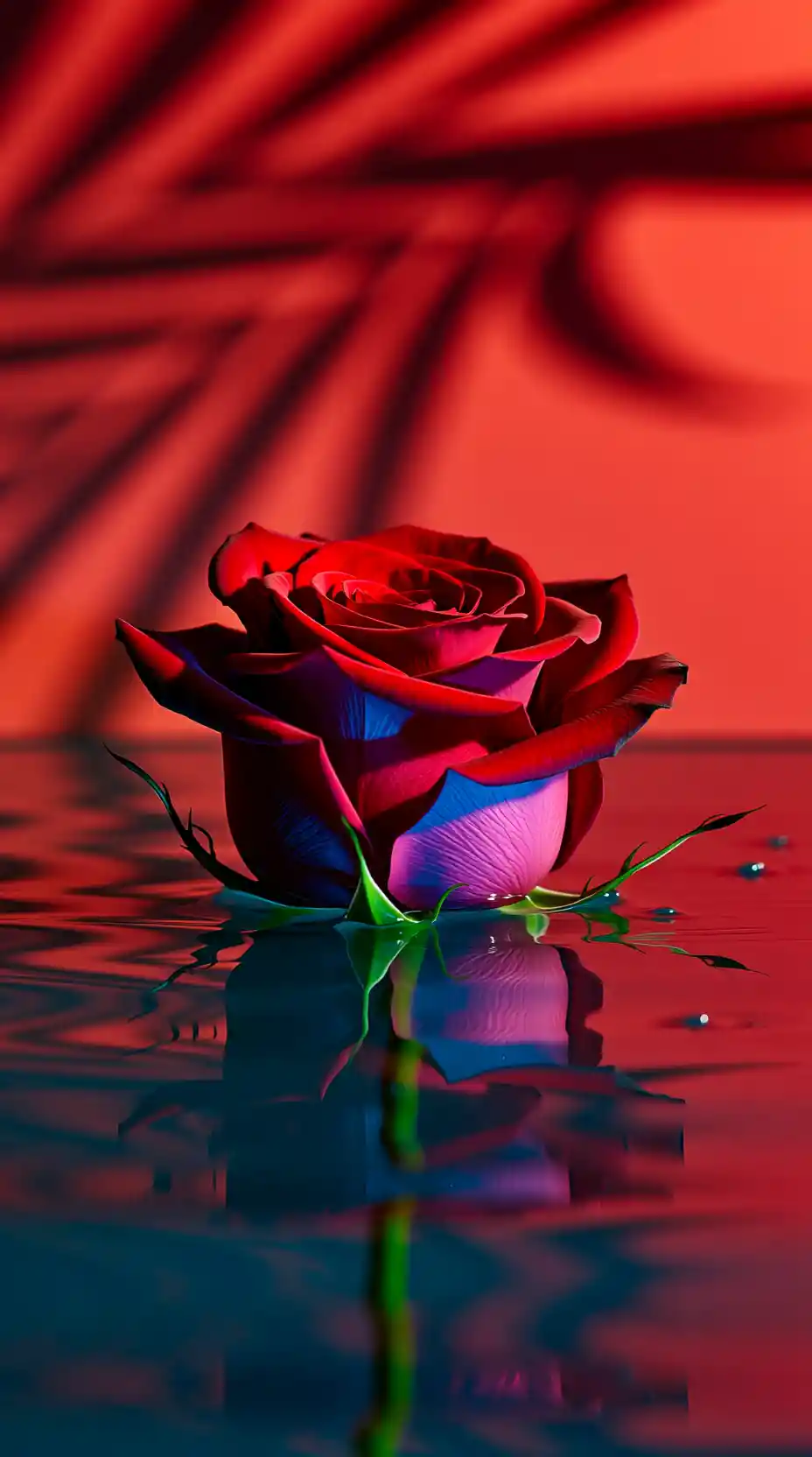 Rote Rose, die auf reflektierendem Wasser mit dramatischem Licht schwebt