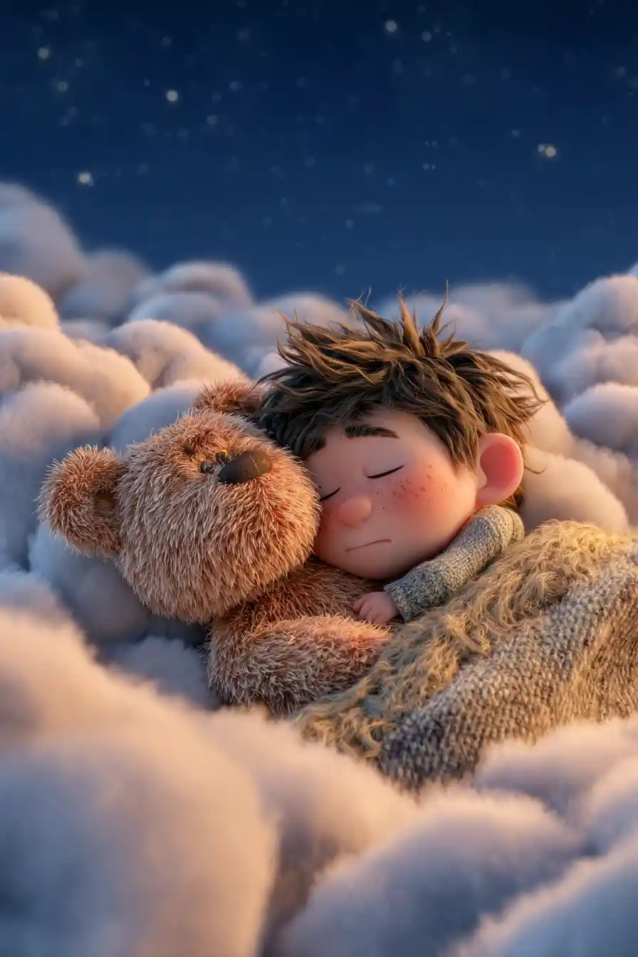 Sleepy child and teddy bear resting on dreamy clouds