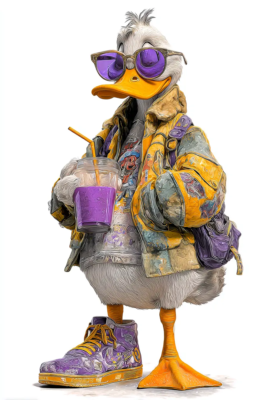 Hip hop duck in violet sunglasses drinking berry tea