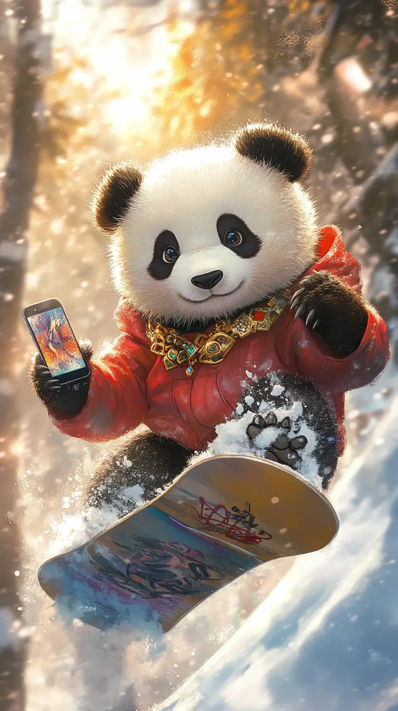 Cartoon panda snowboarding on a snowy mountain slope