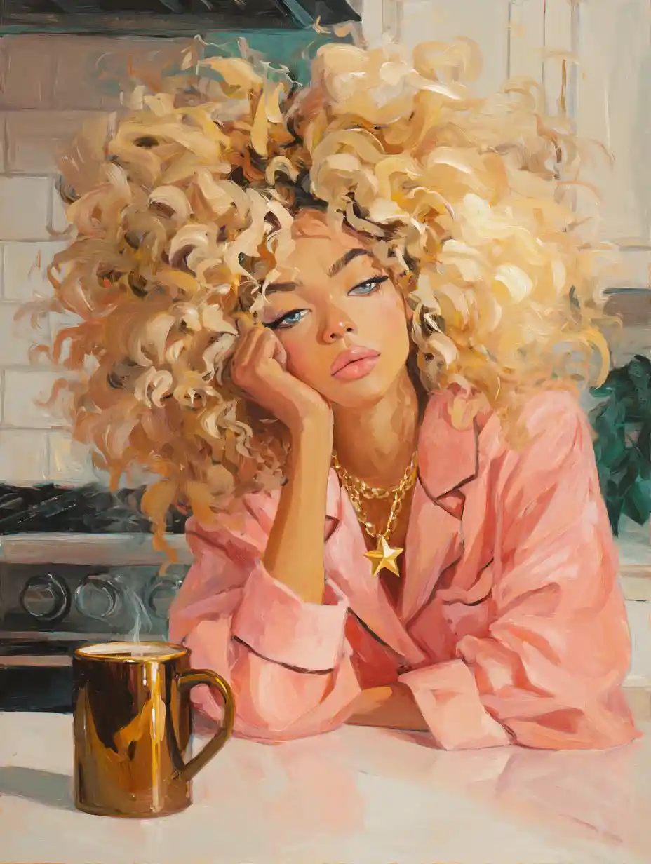 Sleepy woman with golden locs in a cozy kitchen