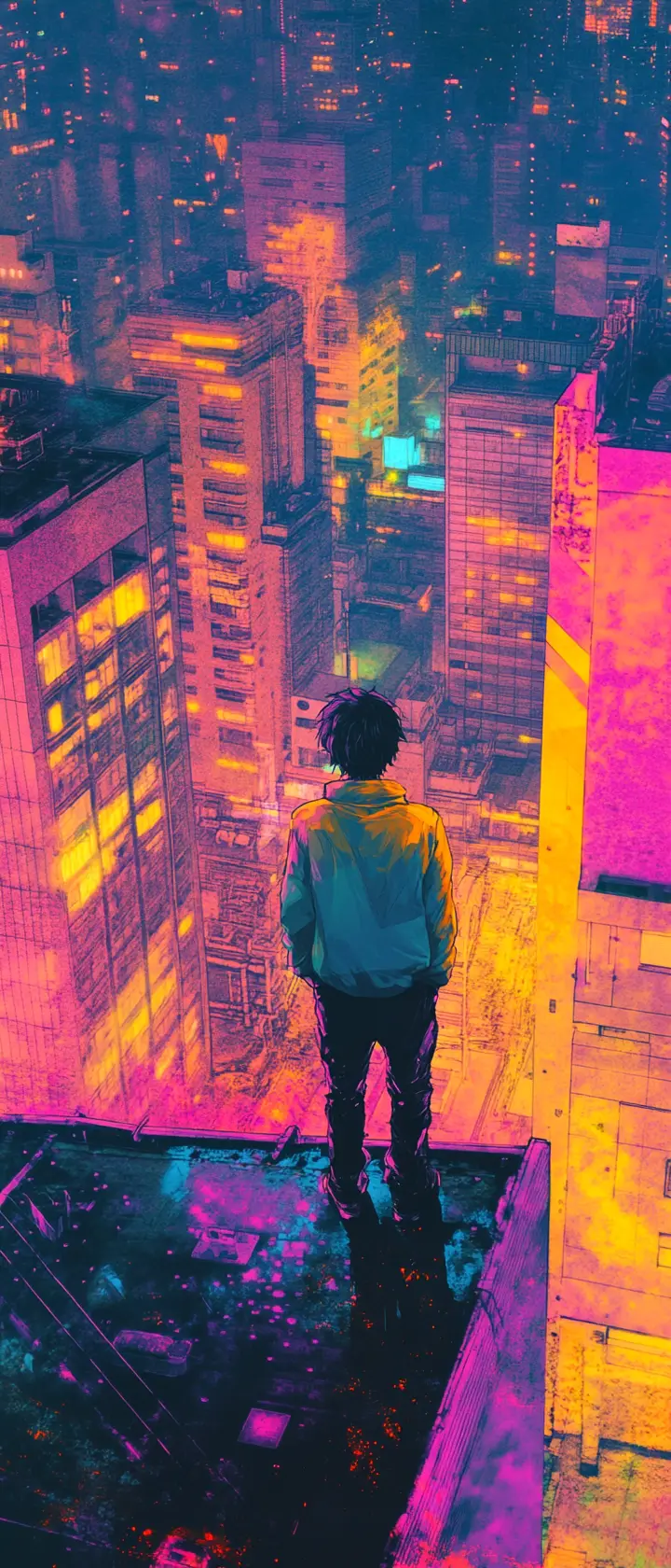 Anime girl on city rooftop in risograph print style
