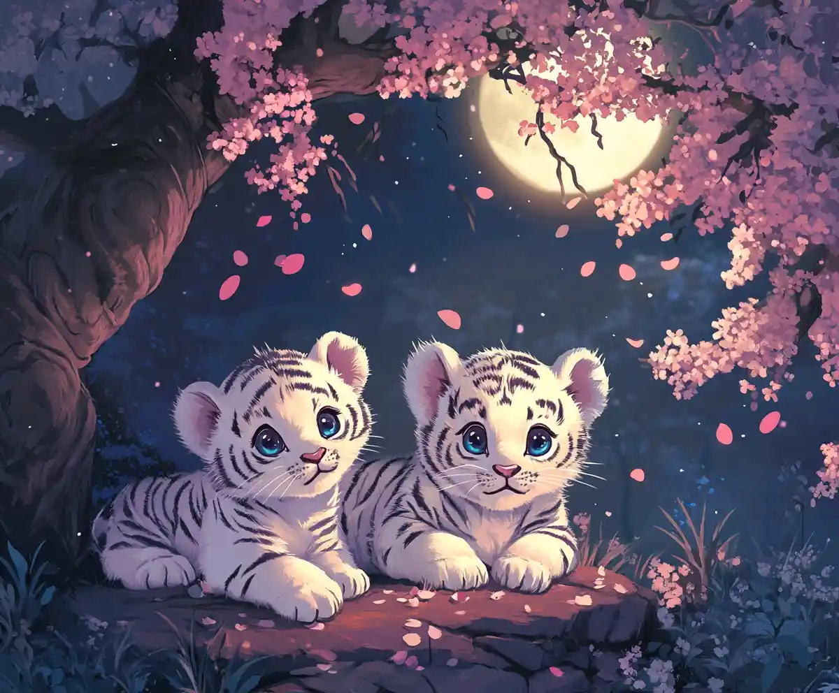 Chibi white tiger cubs playing under cherry blossoms