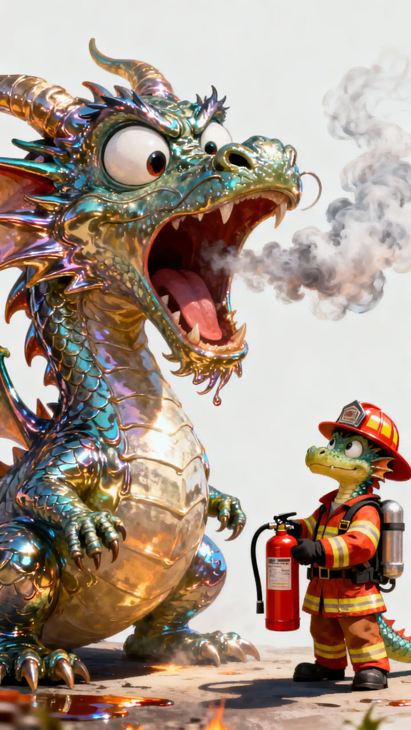 Surprised dragon with firefighter dragon in shiny illustration
