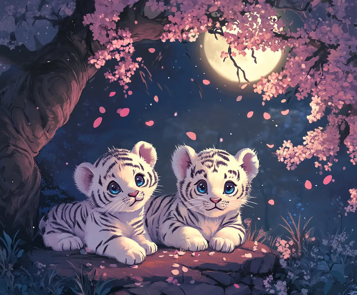 Chibi white tiger cubs playing under cherry blossoms
