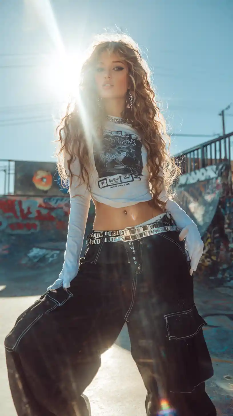 Skatista estilosa de calça cargo larga no skate park
