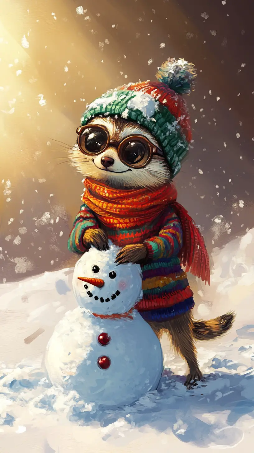 Cute meerkat child building a snowman in bright snow
