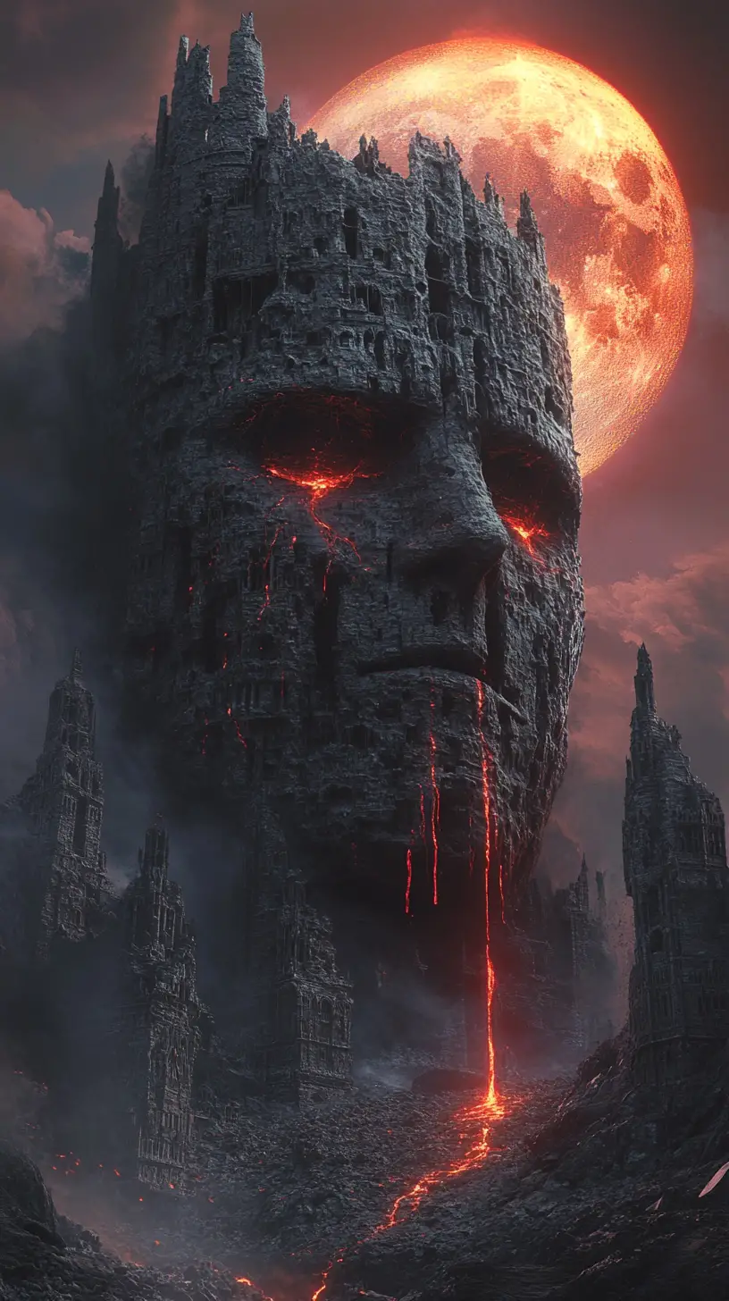 Colossal crumbling stone face above a ruined gothic city