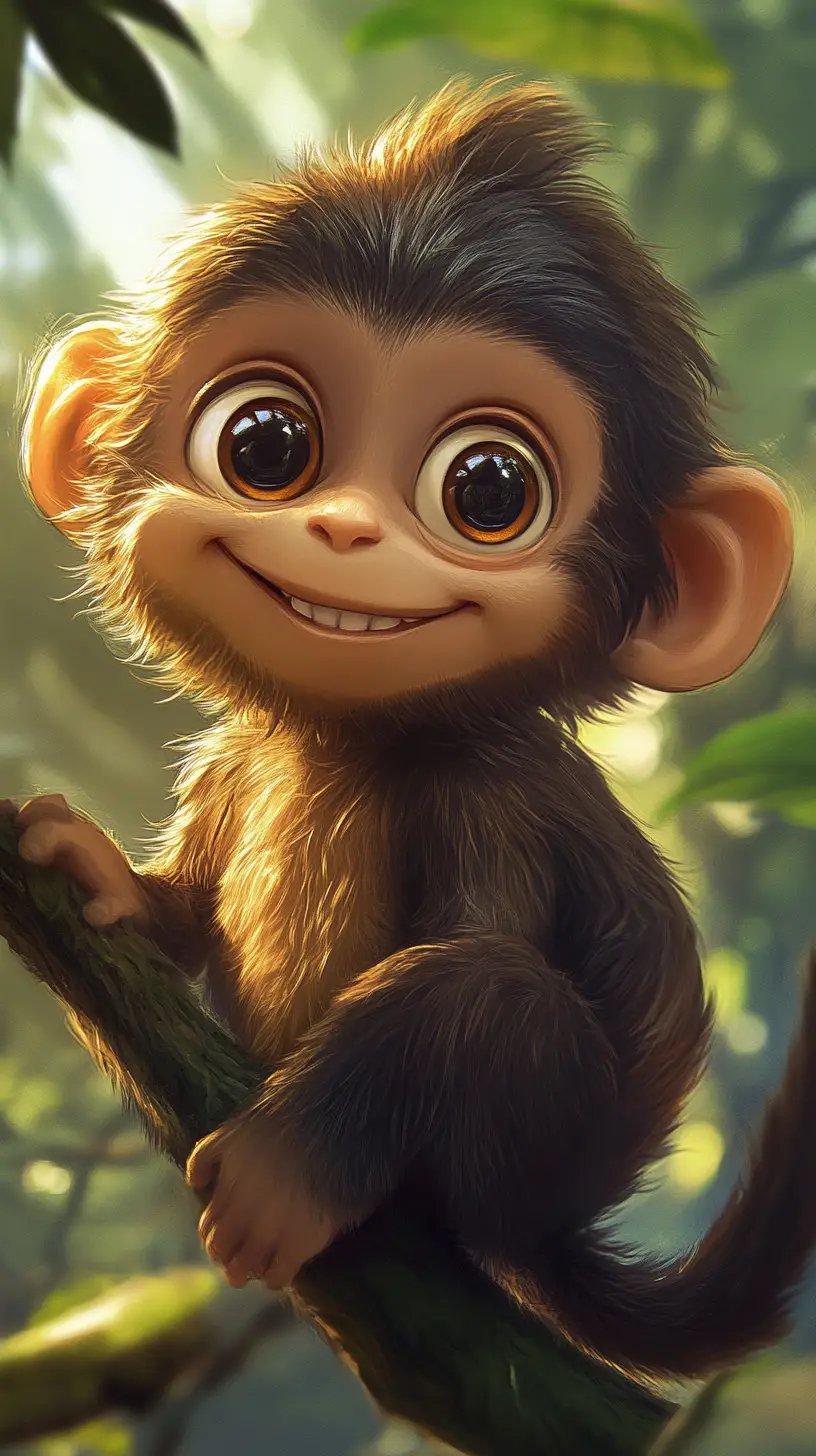 Cute cartoon monkey smiling in a lush jungle illustration