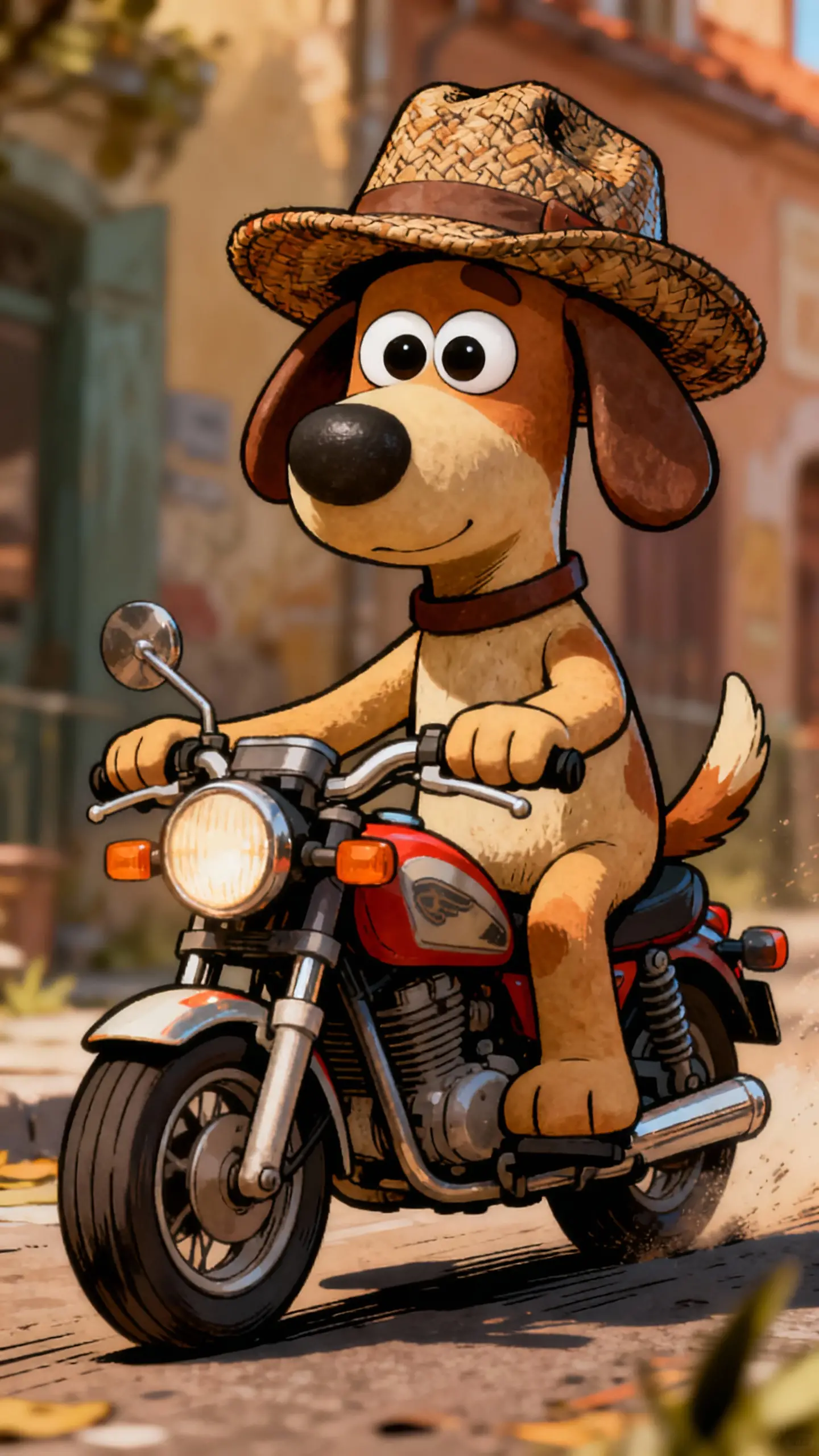 Cartoon dog with hat sitting on a motorcycle