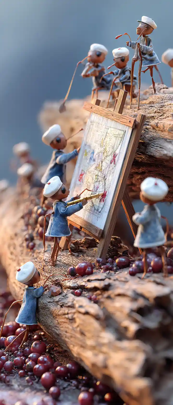 Fourmis fantaisistes peignant une fresque colorée sur une bûche