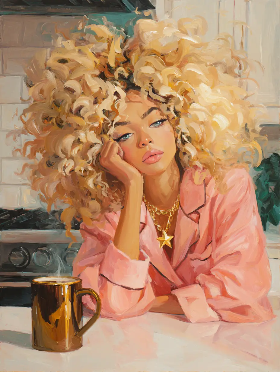 Sleepy woman with golden locs in a cozy kitchen