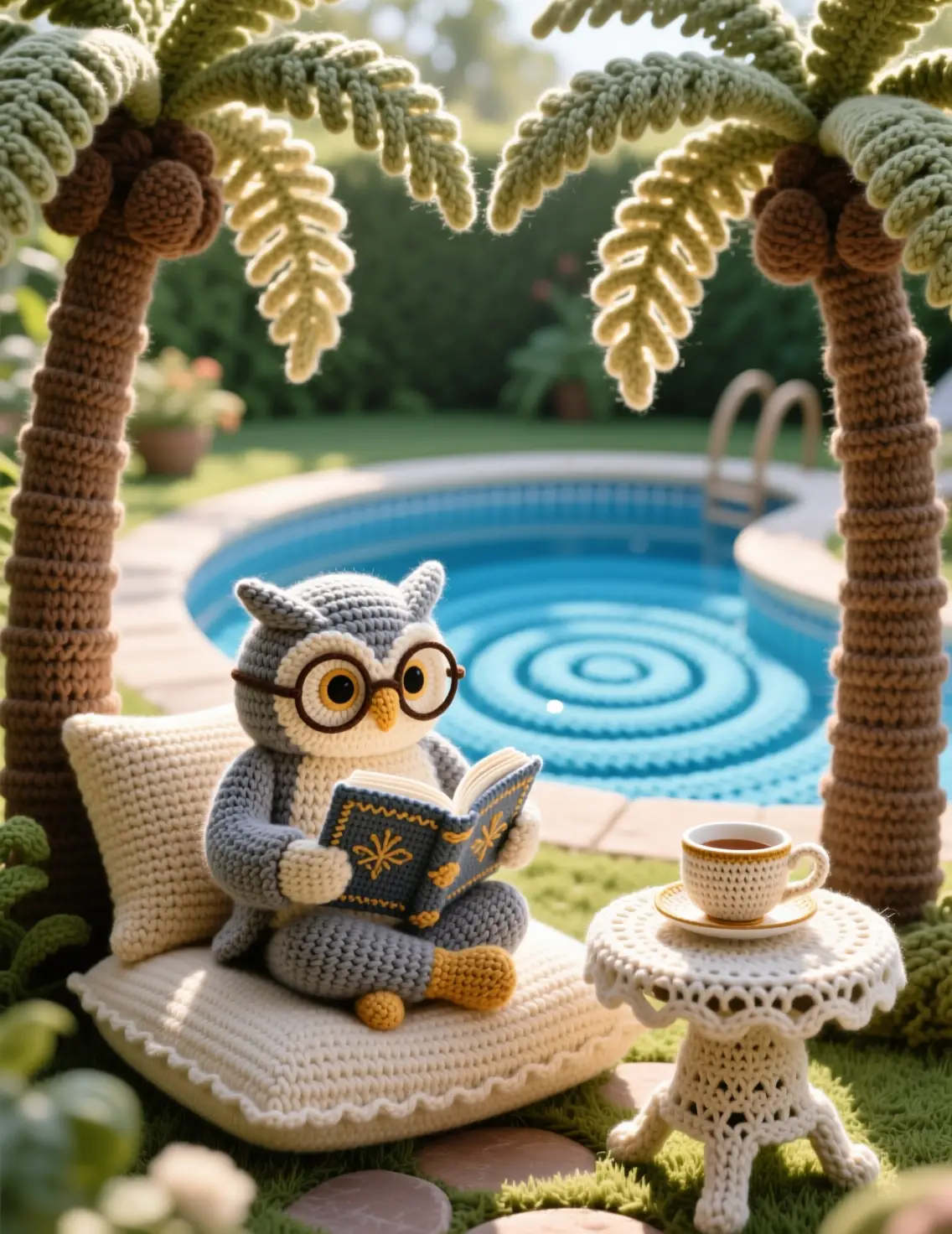 Crocheted owl reading in a cozy outdoor yarn garden