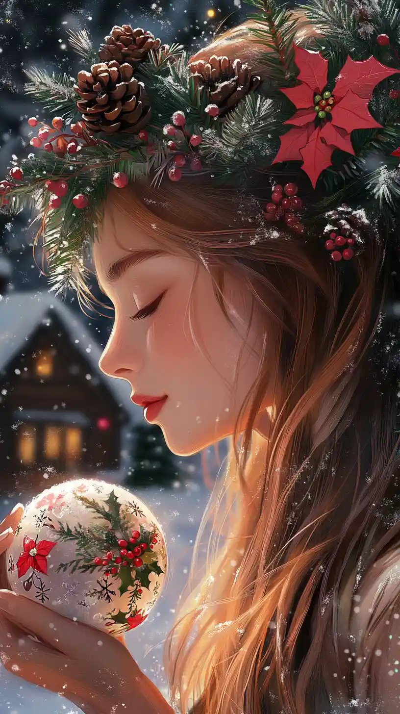 Serene girl with christmas ornament in snowy winter night