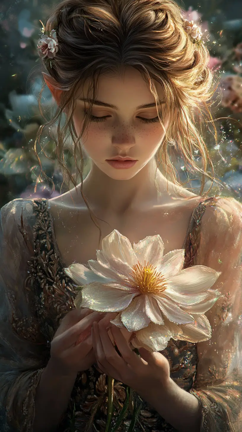 Fantasy elf woman holding chrysanthemum in soft glowing forest