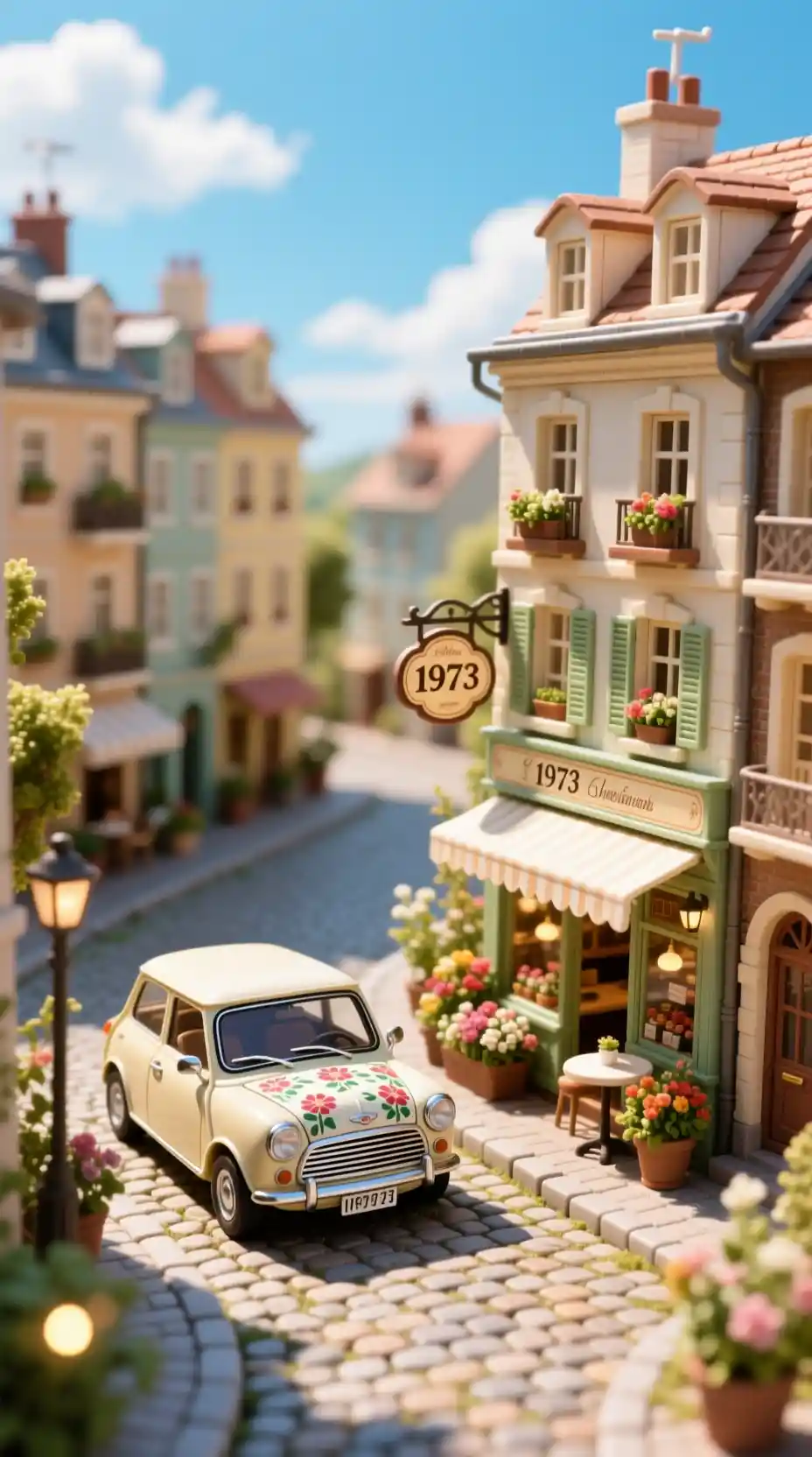 Miniature european street with cafe and classic car