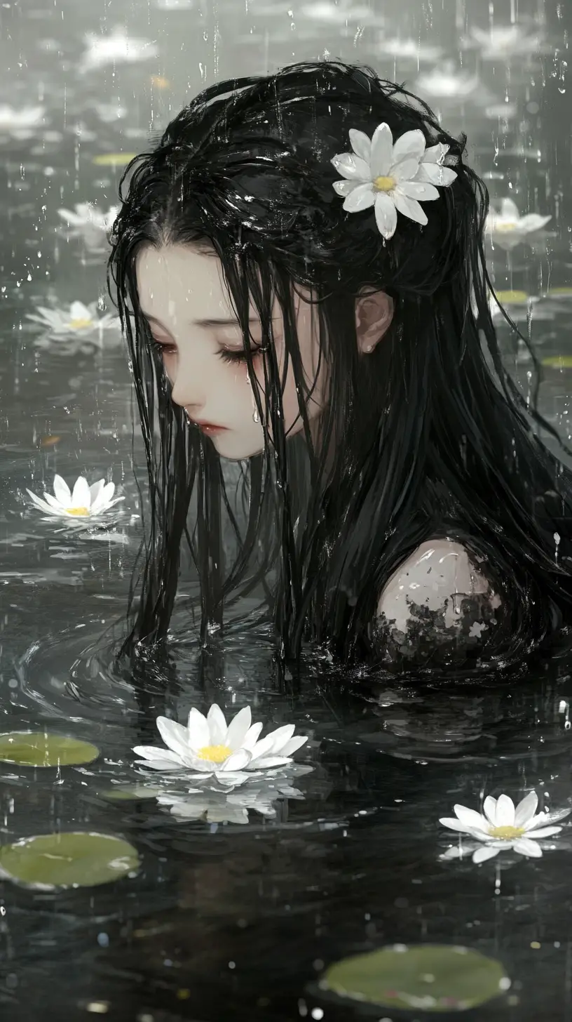 Young girl standing in a rainy pond with white daisies