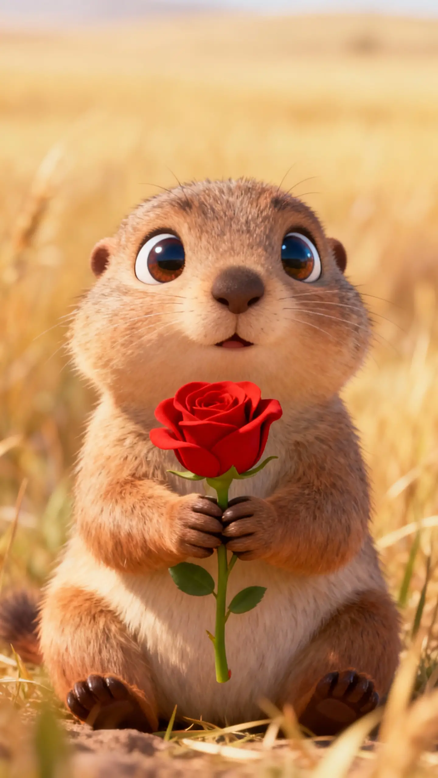 Cute prairie dog holding a red rose in savanna close up