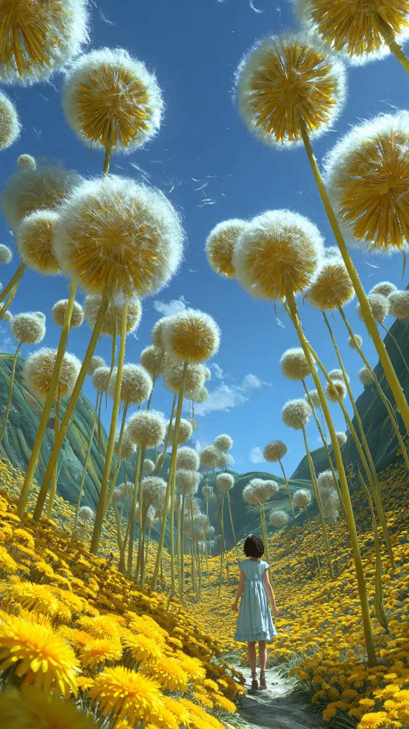 Niña caminando entre dientes de león gigantes en un campo de flores amarillas