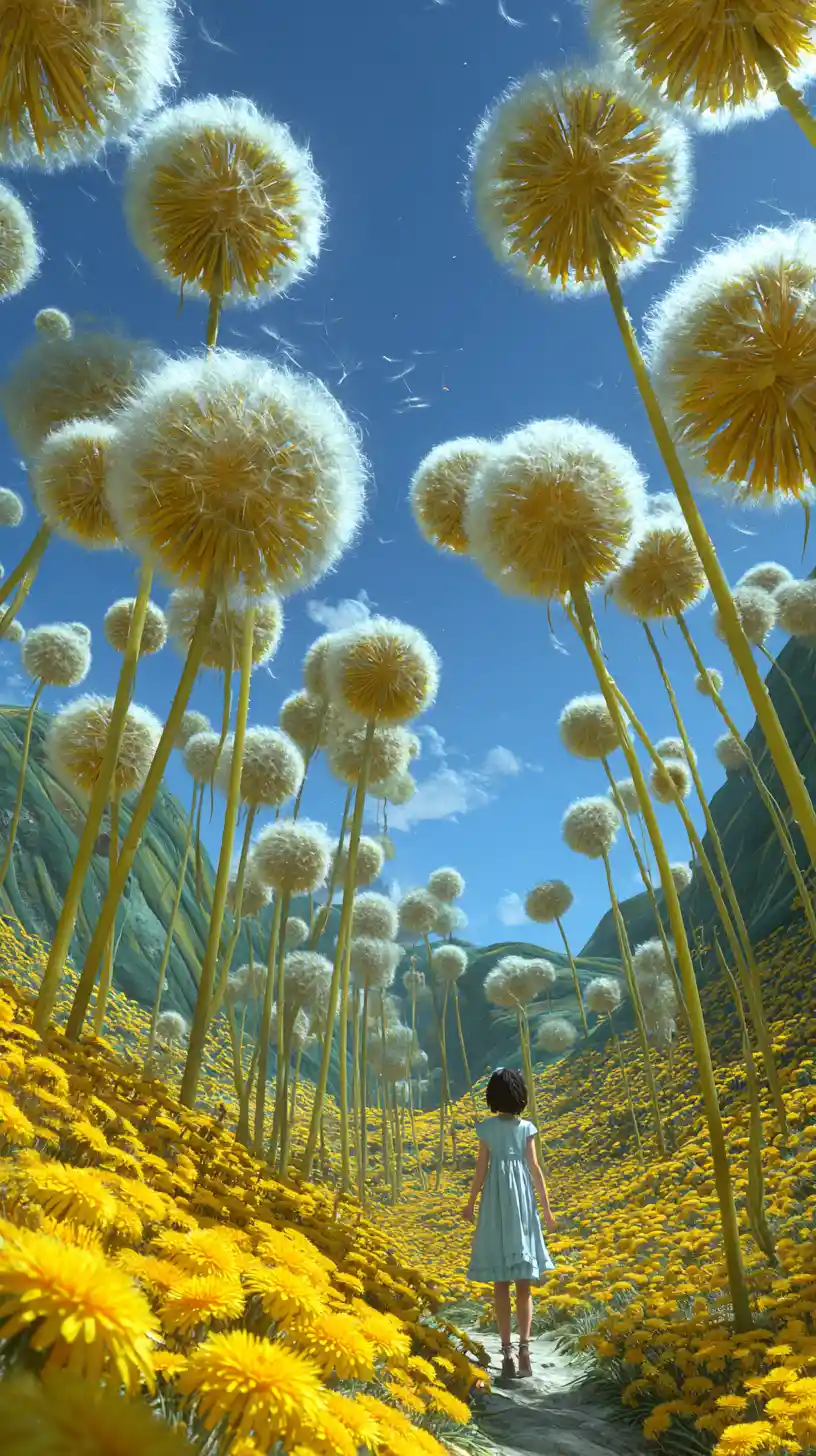 Girl walking through giant dandelions in yellow flower field