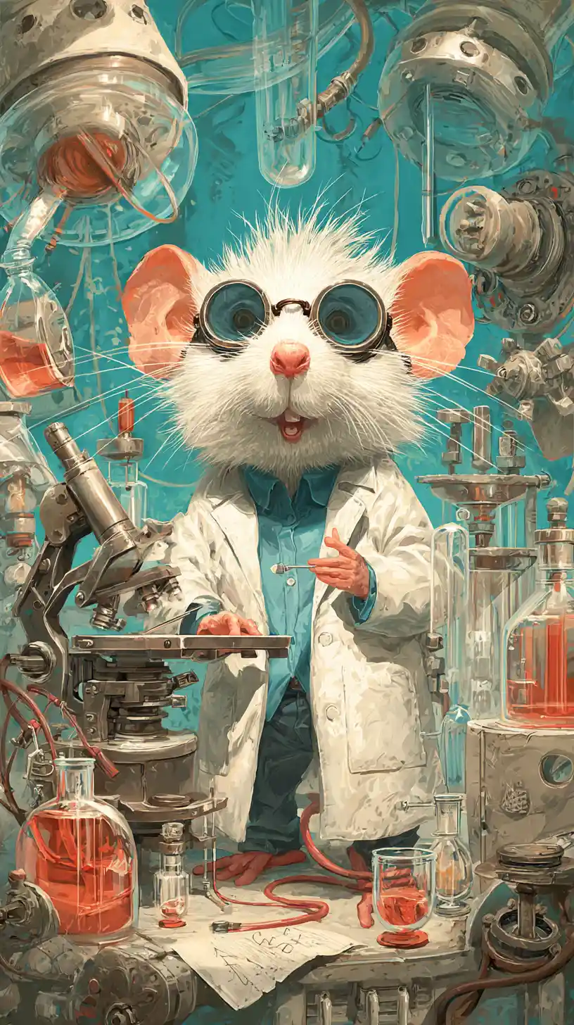 Cute white mouse scientist in a busy laboratory