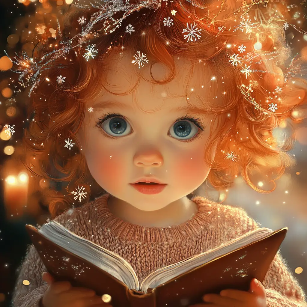 Red haired child reading a book by Christmas lights