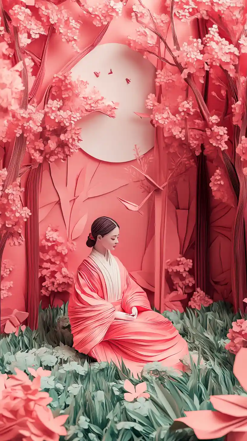 Fantasy priestess seated in pink origami shrine garden