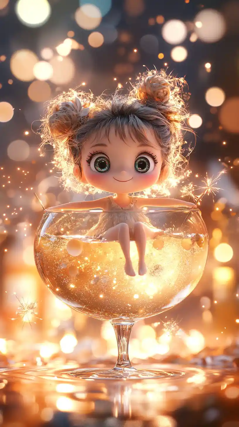 Young girl sitting in a whimsical cocktail glass scene