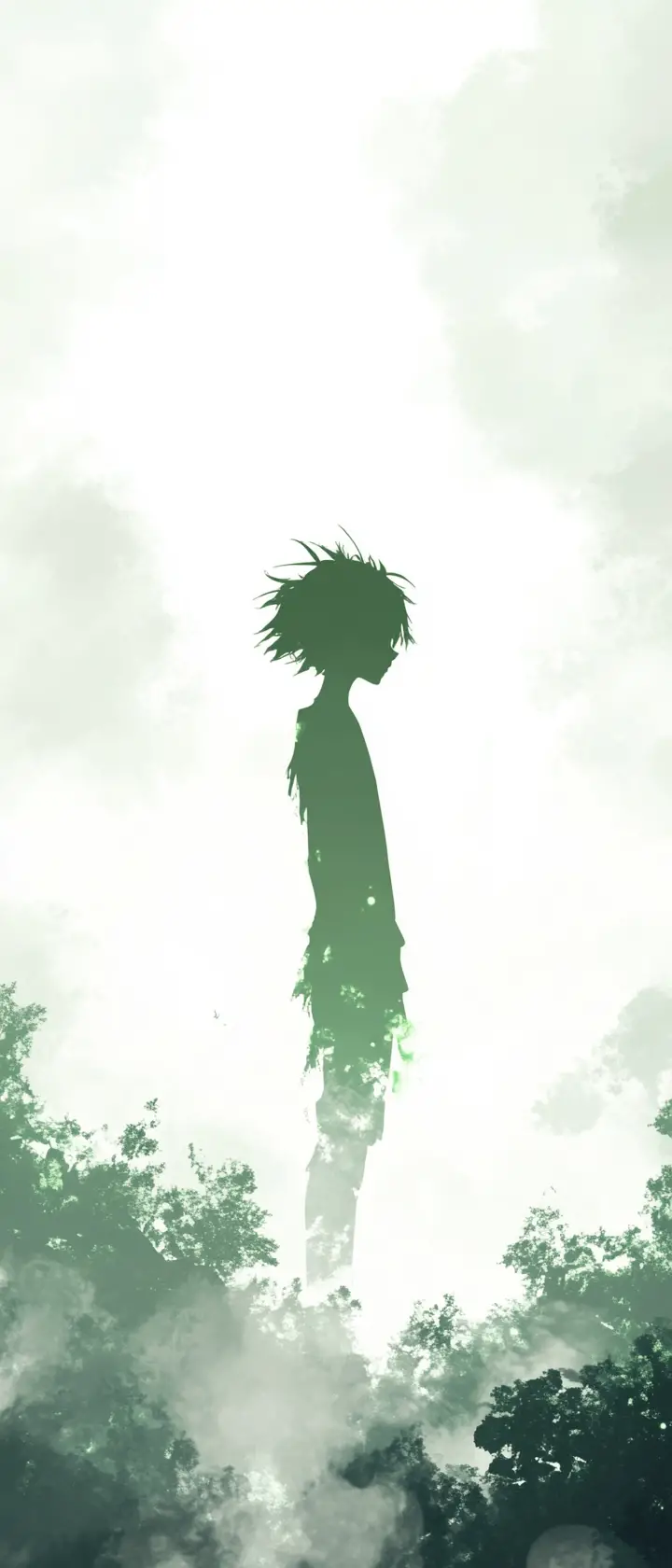 Anime silhouette in soft morning fog with green outlines