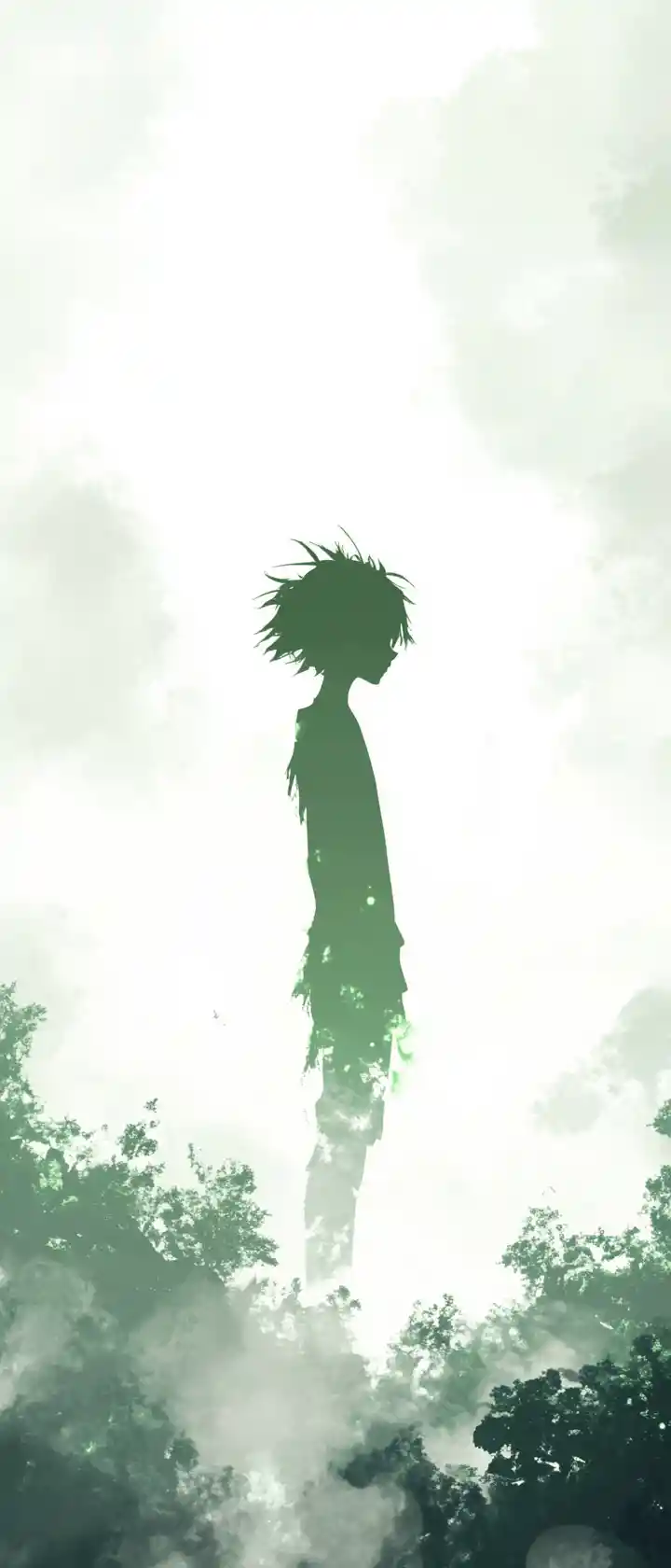 Anime-Silhouette im sanften Morgennebel mit grünen Konturen