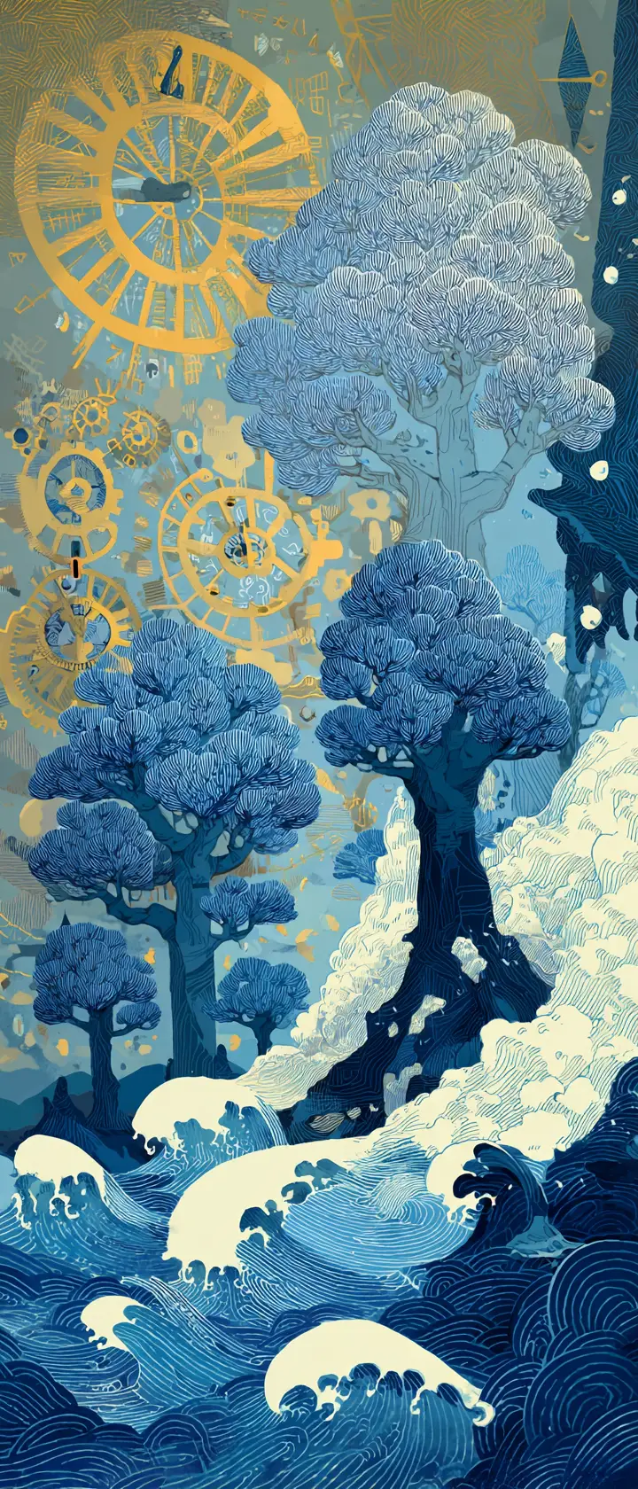 Surreal Underwater Forest Blending Mechanisms And Waves