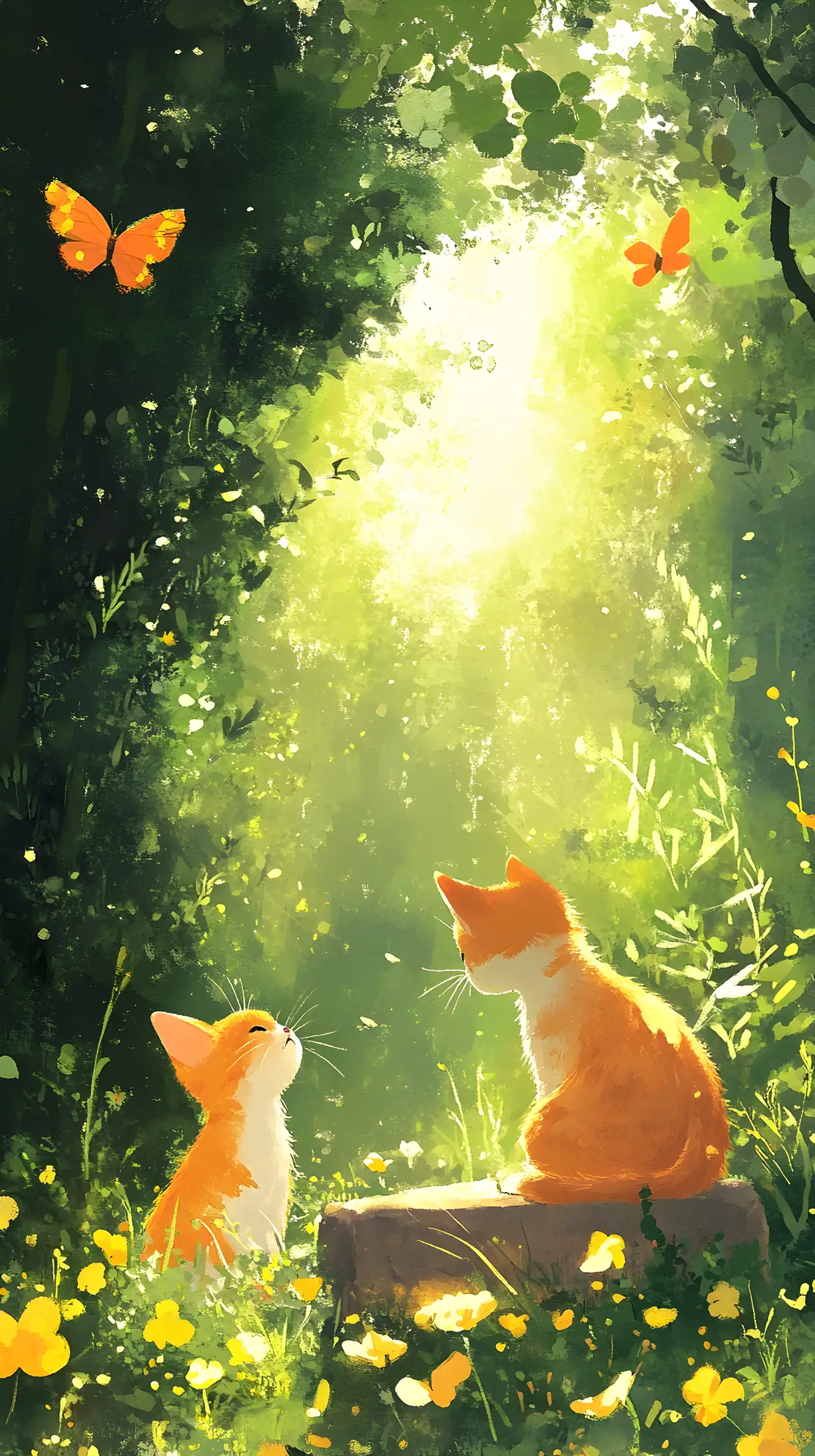 Small orange kitten in a sunny watercolor garden