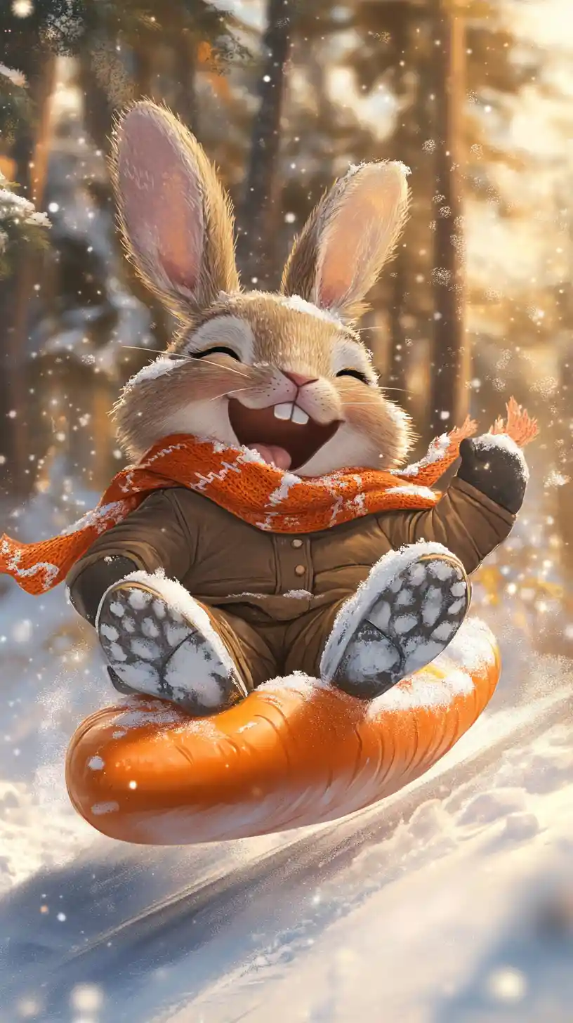 Joyful rabbit sledding down a snowy hill at sunset