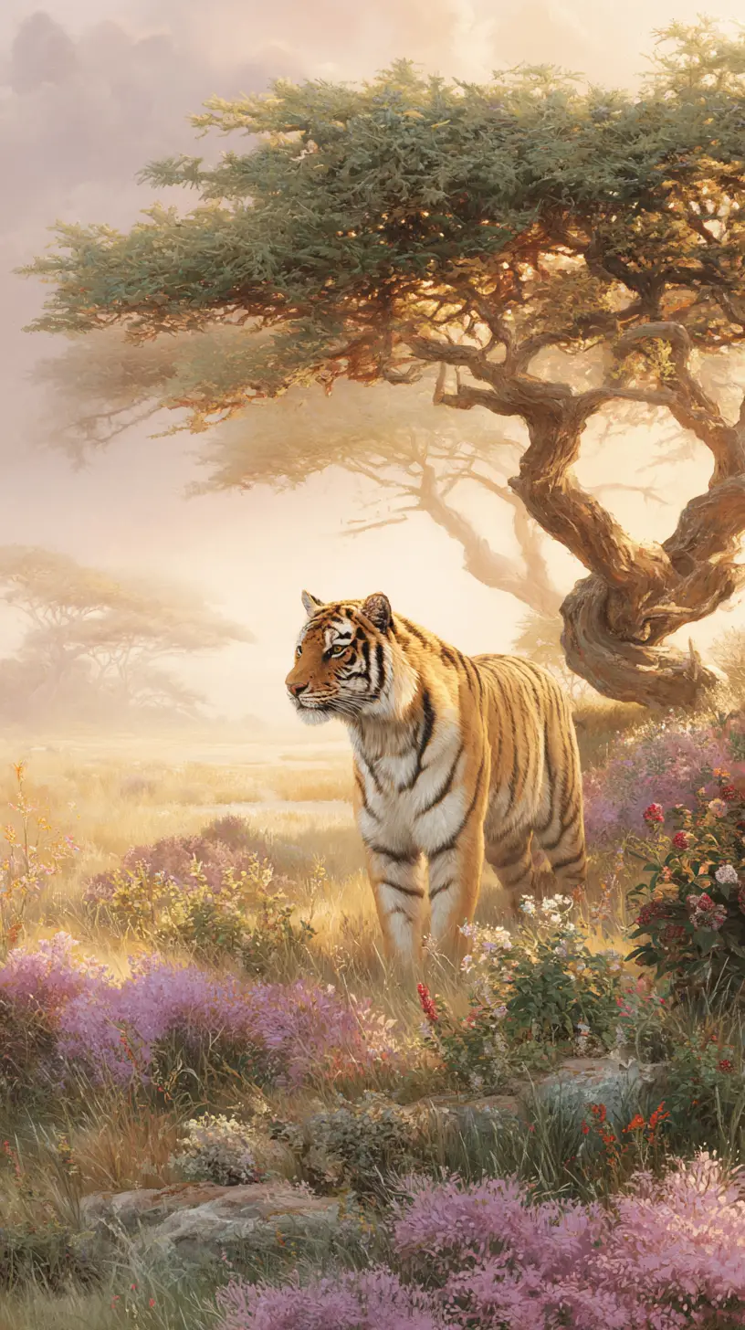 Tiger mother and cub in golden savannah watercolor scene
