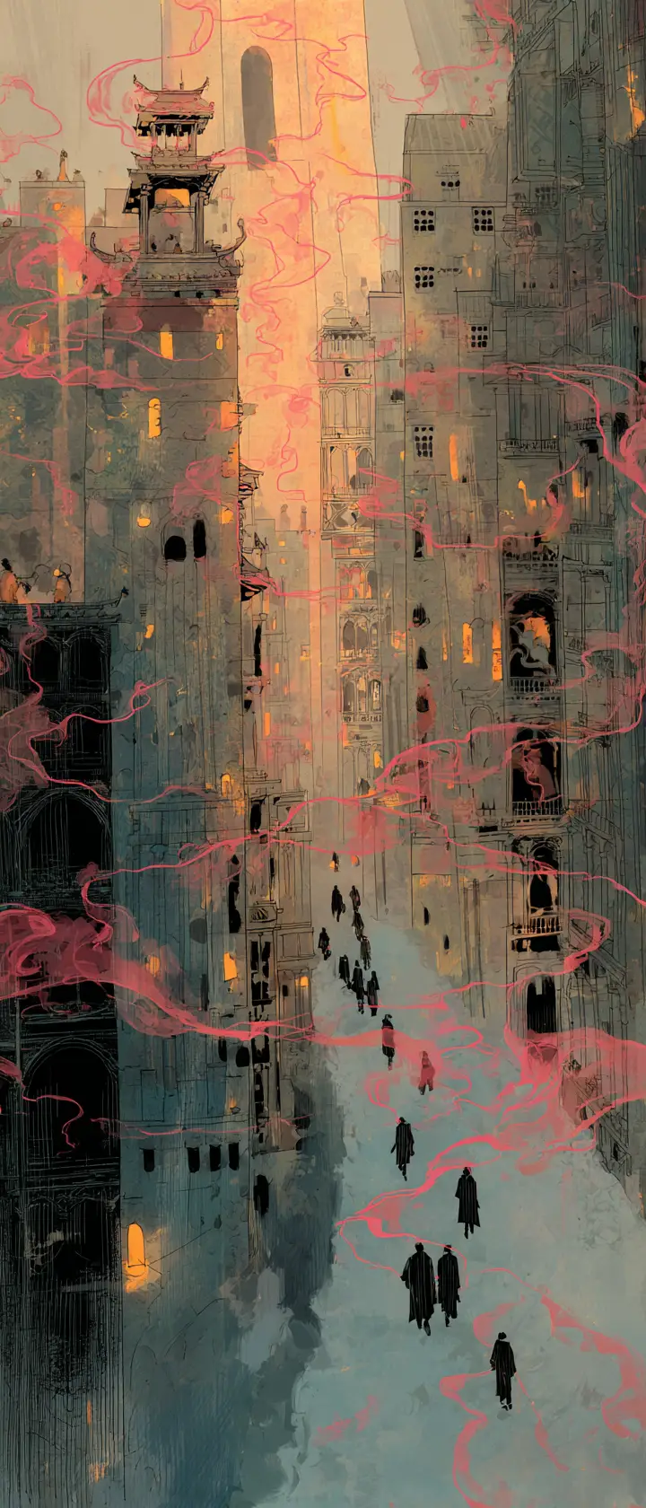Reflective ink animation of a luminous fantasy mountain city