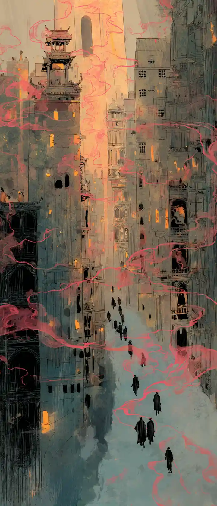 Reflective ink animation of a luminous fantasy mountain city