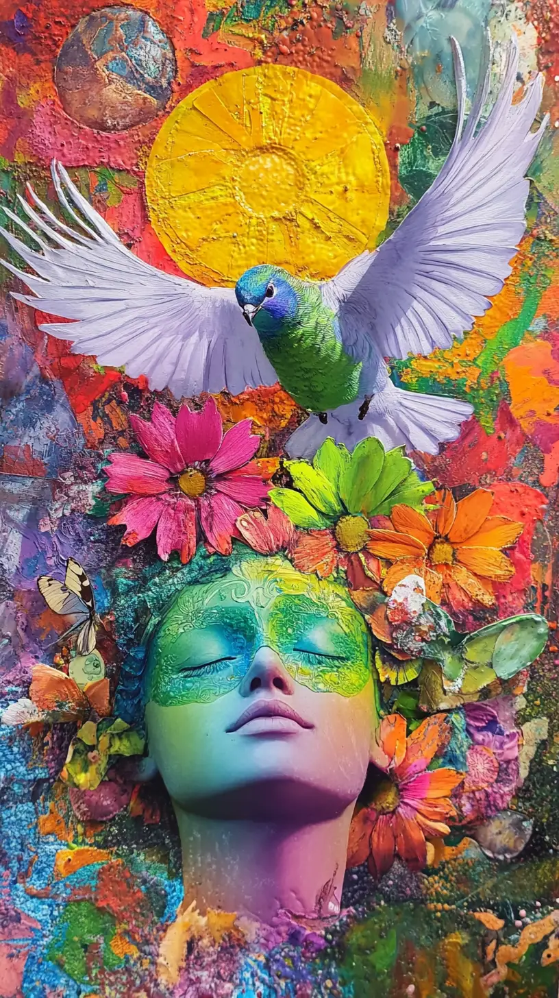 Surreal mixed media collage of peace love and happiness