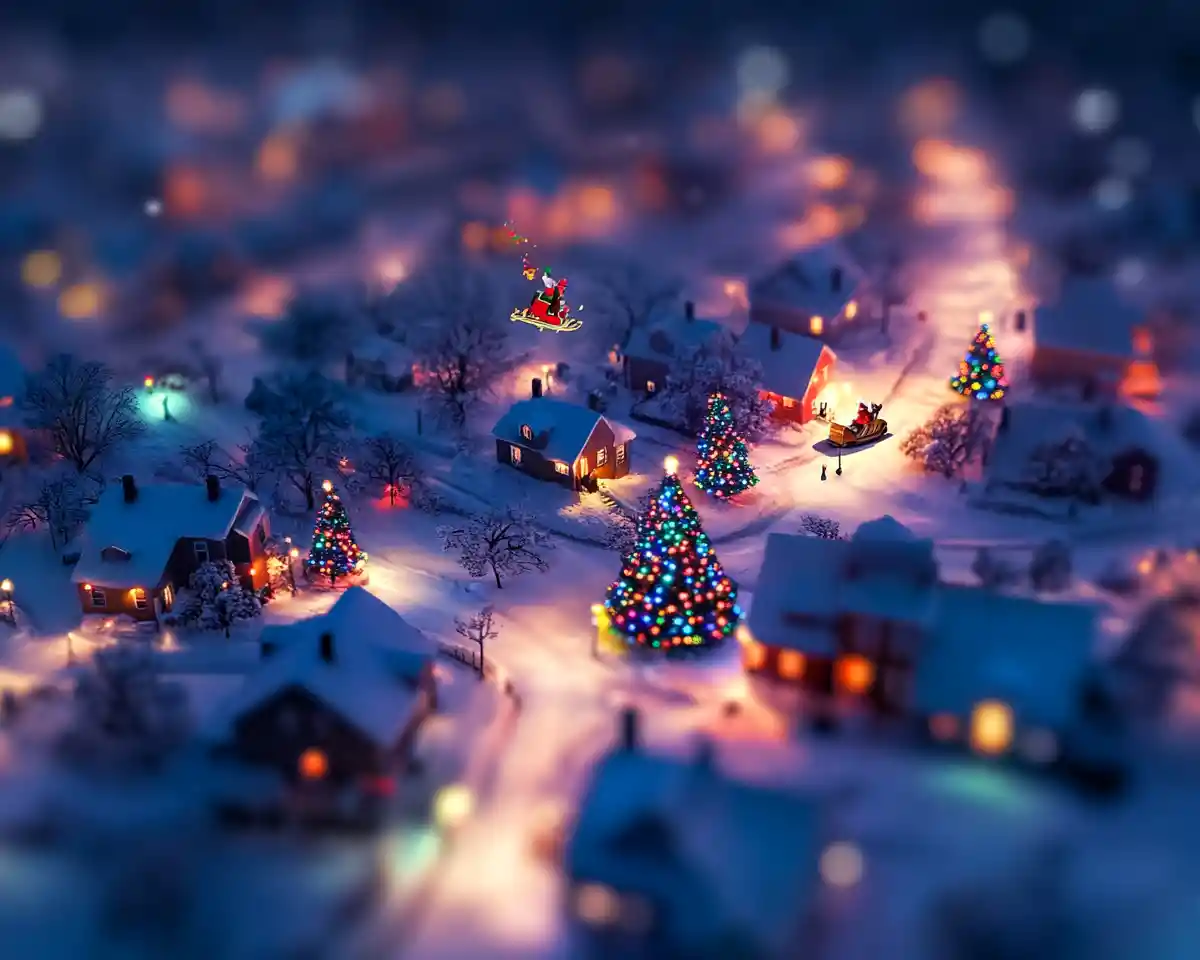 Snowy suburban neighborhood with glowing Christmas lights at night