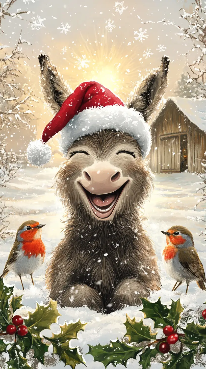 Cheerful donkey in santa hat with robins in snow